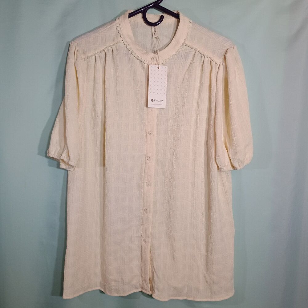 Women's Cream Button Front Blouse Short Sleeve Textured Lightweight Top